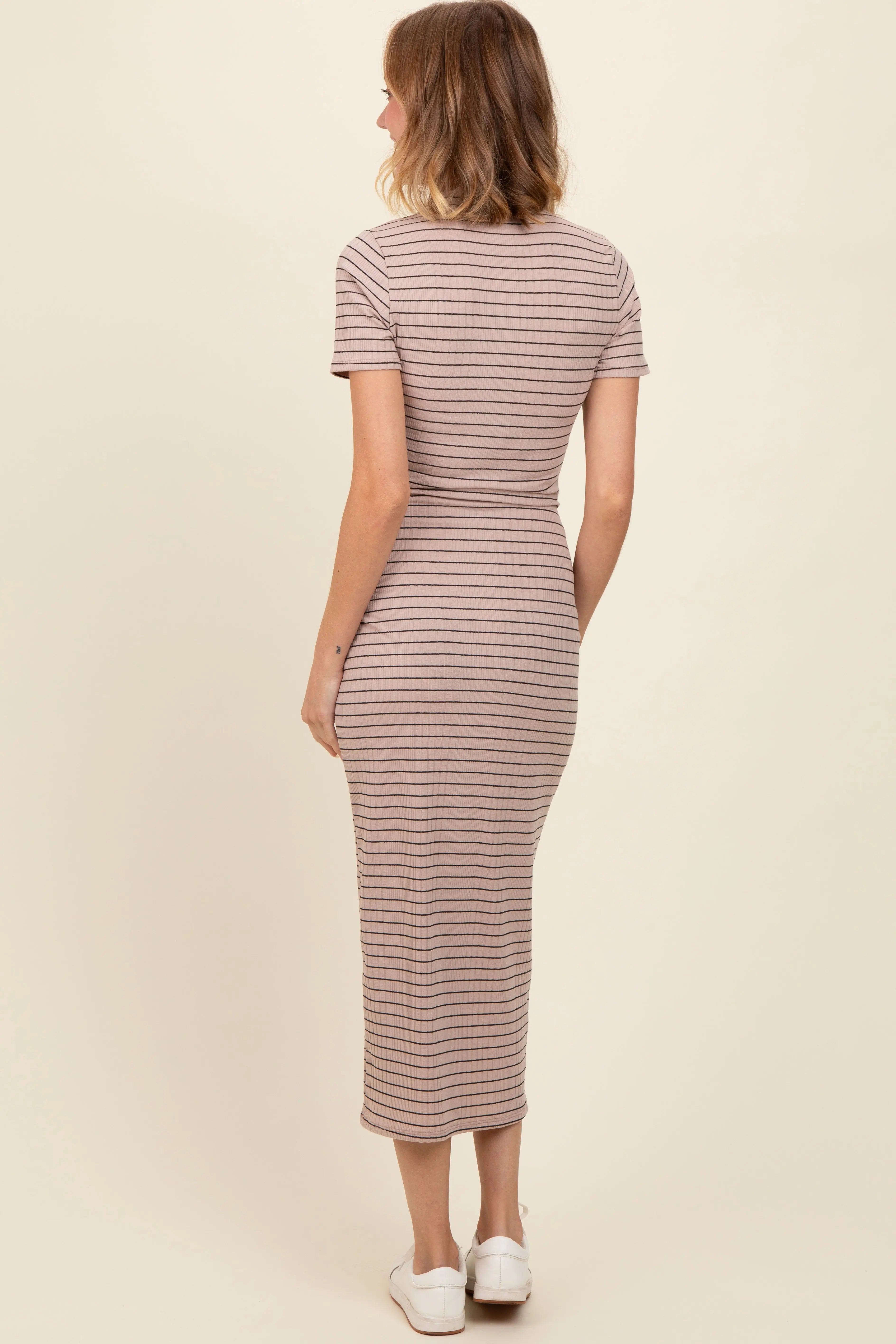 Beige Striped Mock Neck Fitted Midi Dress PinkBlush