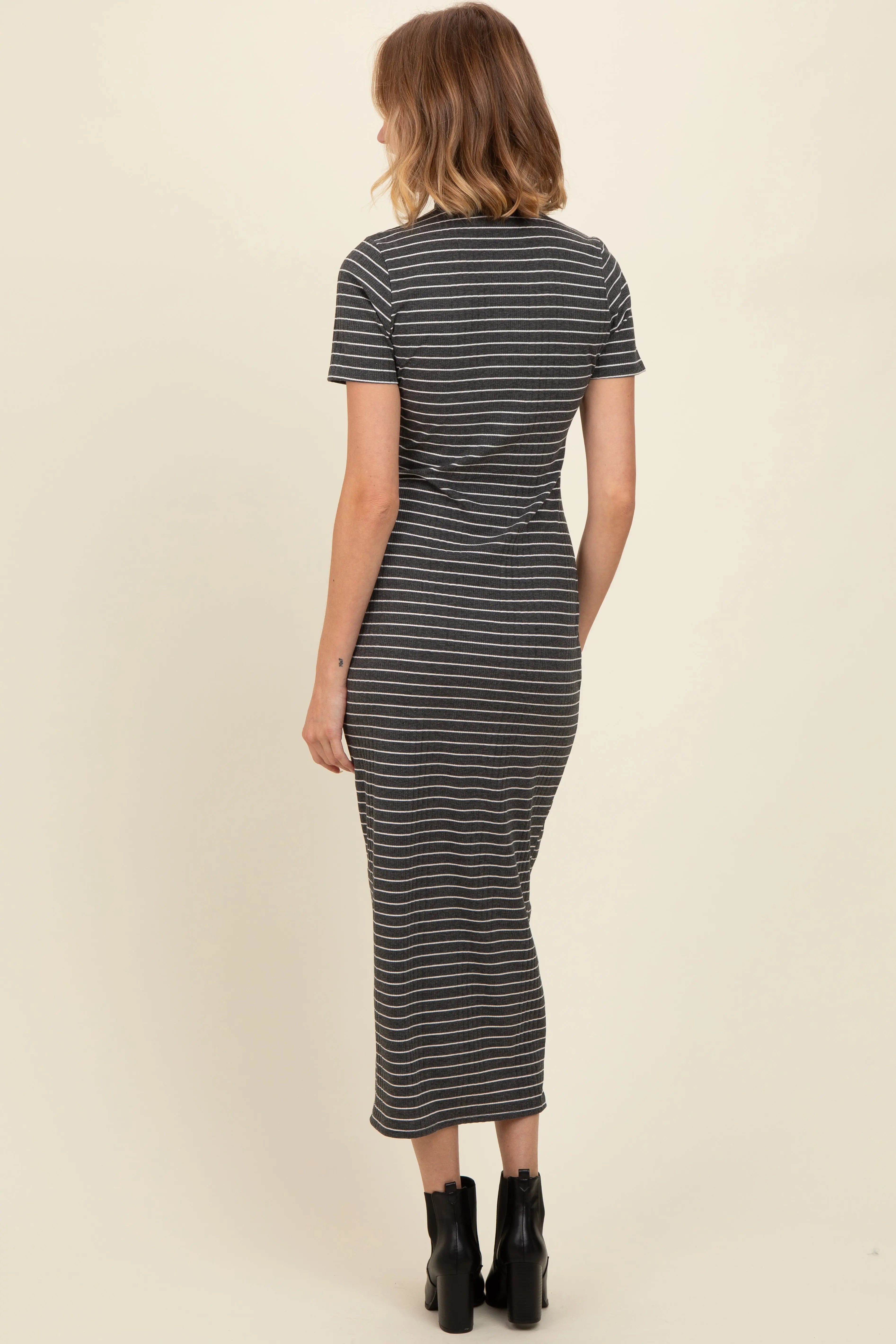 Charcoal Striped Mock Neck Fitted Midi Dress PinkBlush