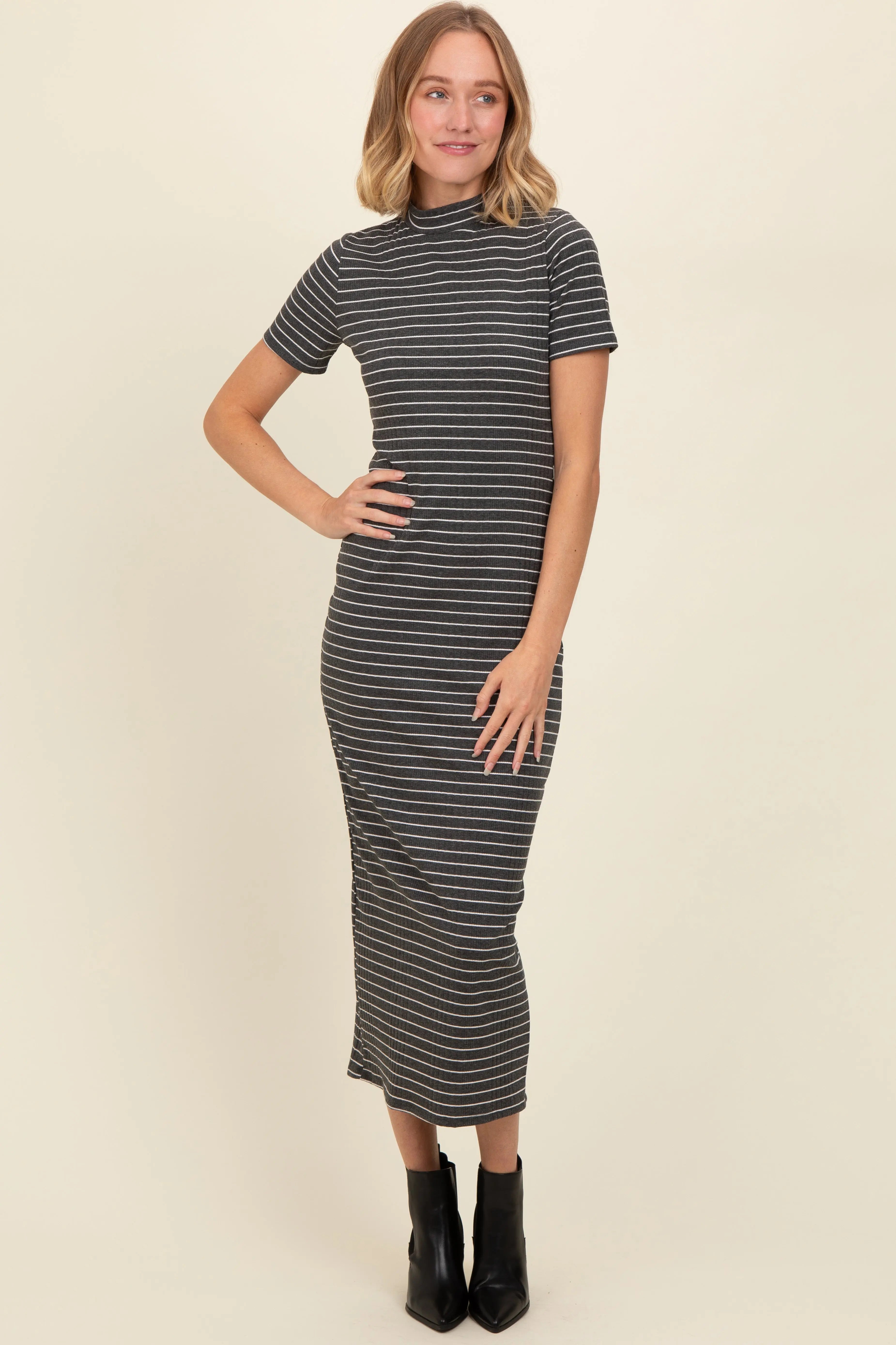 Charcoal Striped Mock Neck Fitted Maternity Midi Dress PinkBlush