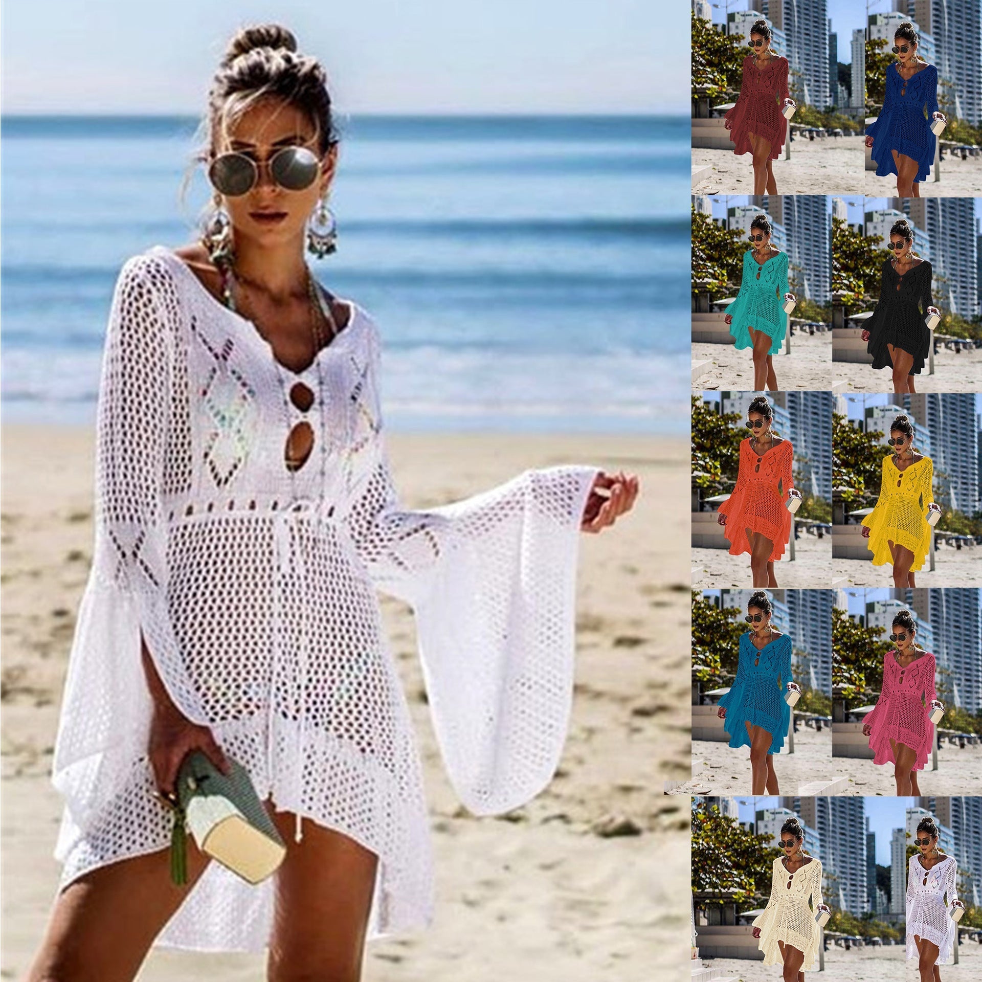 Women Clothing Irregular Asymmetric Deep V Plunge Sexy Bell Sleeve Hollow Out Cutout Woven Beach Overclothes Dress Bella Mia