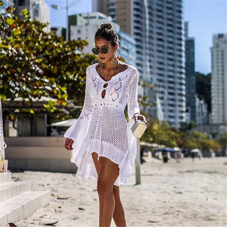 Women Clothing Irregular Asymmetric Deep V Plunge Sexy Bell Sleeve Hollow Out Cutout Woven Beach Overclothes Dress Bella Mia