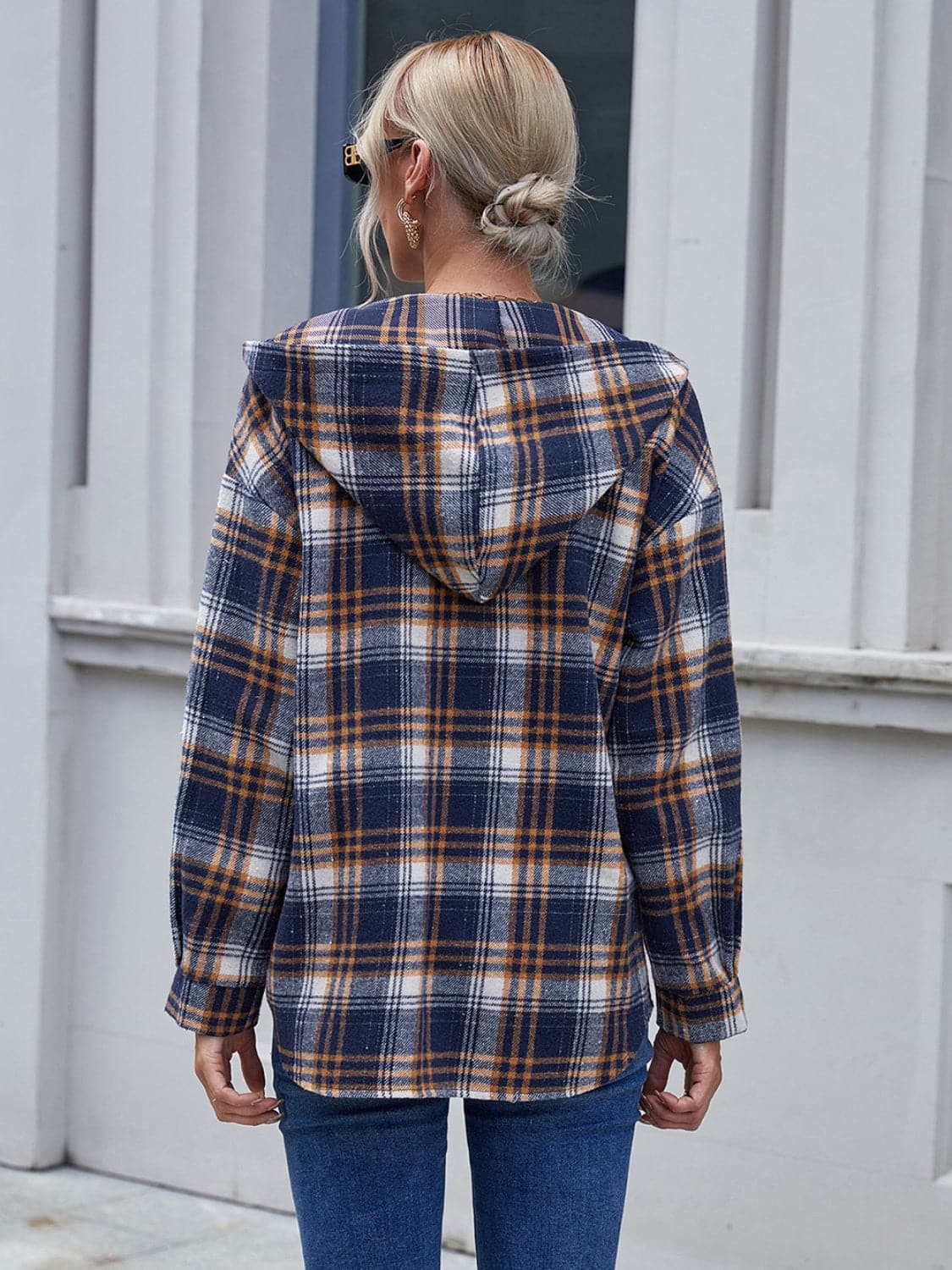 Plaid Button Up Long Sleeve Hooded Jacket.