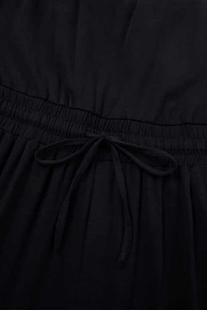 Black Drawstring Wide Leg Cargo Pockets Sleeveless Jumpsuit