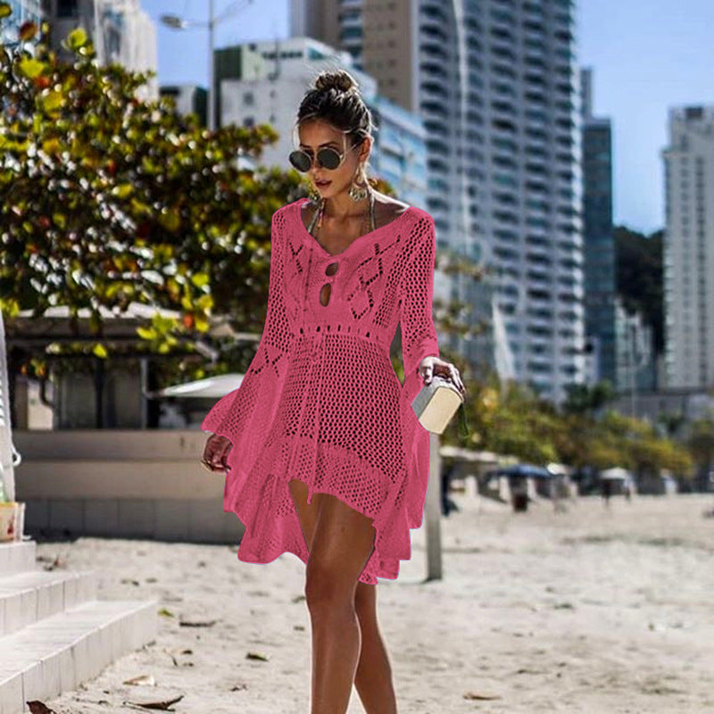 Women Clothing Irregular Asymmetric Deep V Plunge Sexy Bell Sleeve Hollow Out Cutout Woven Beach Overclothes Dress Bella Mia
