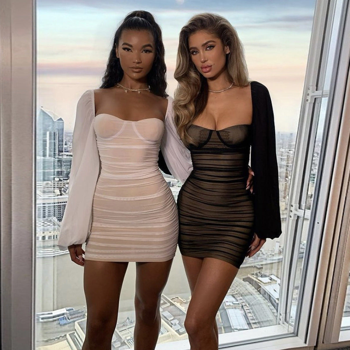 Spring Summer Women Sexy Mesh Square Collar Backless Lantern Sleeve Pleated Dress Bella Mia