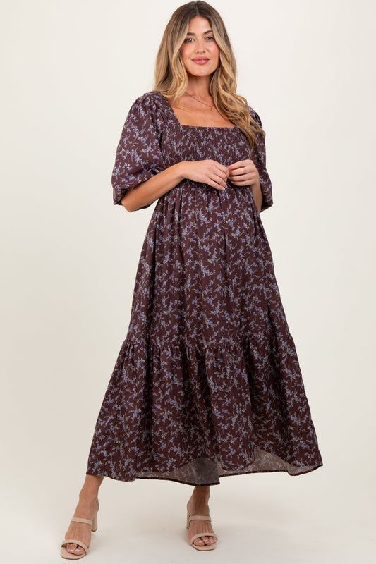 PinkBlush Plum Floral Smocked Hi-Low Puff Sleeve Maternity Maxi Dress, full front view, elegant and comfortable.