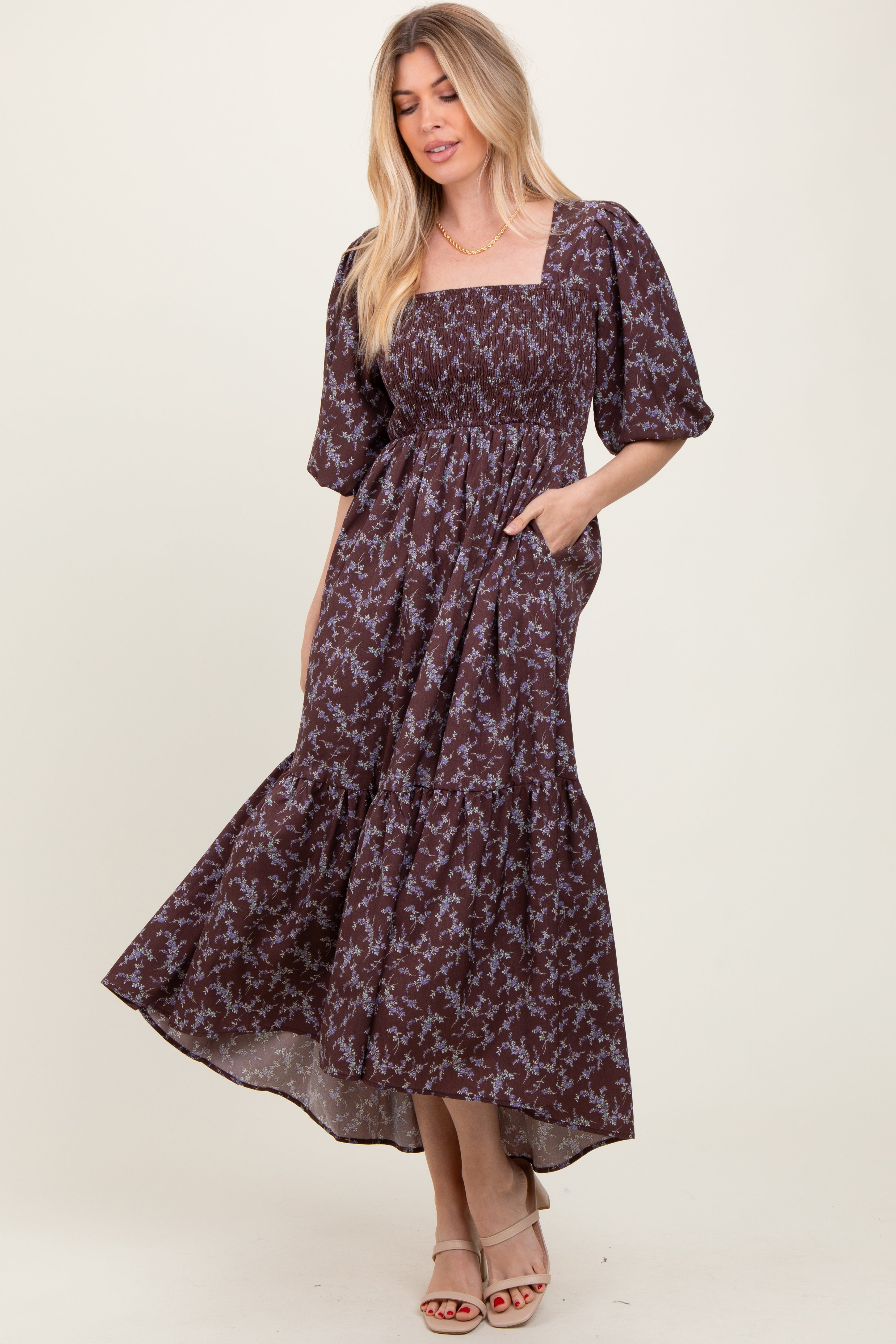 Plum Floral Smocked Hi Low Puff Sleeve Maxi Dress Square Neckline PinkBlush