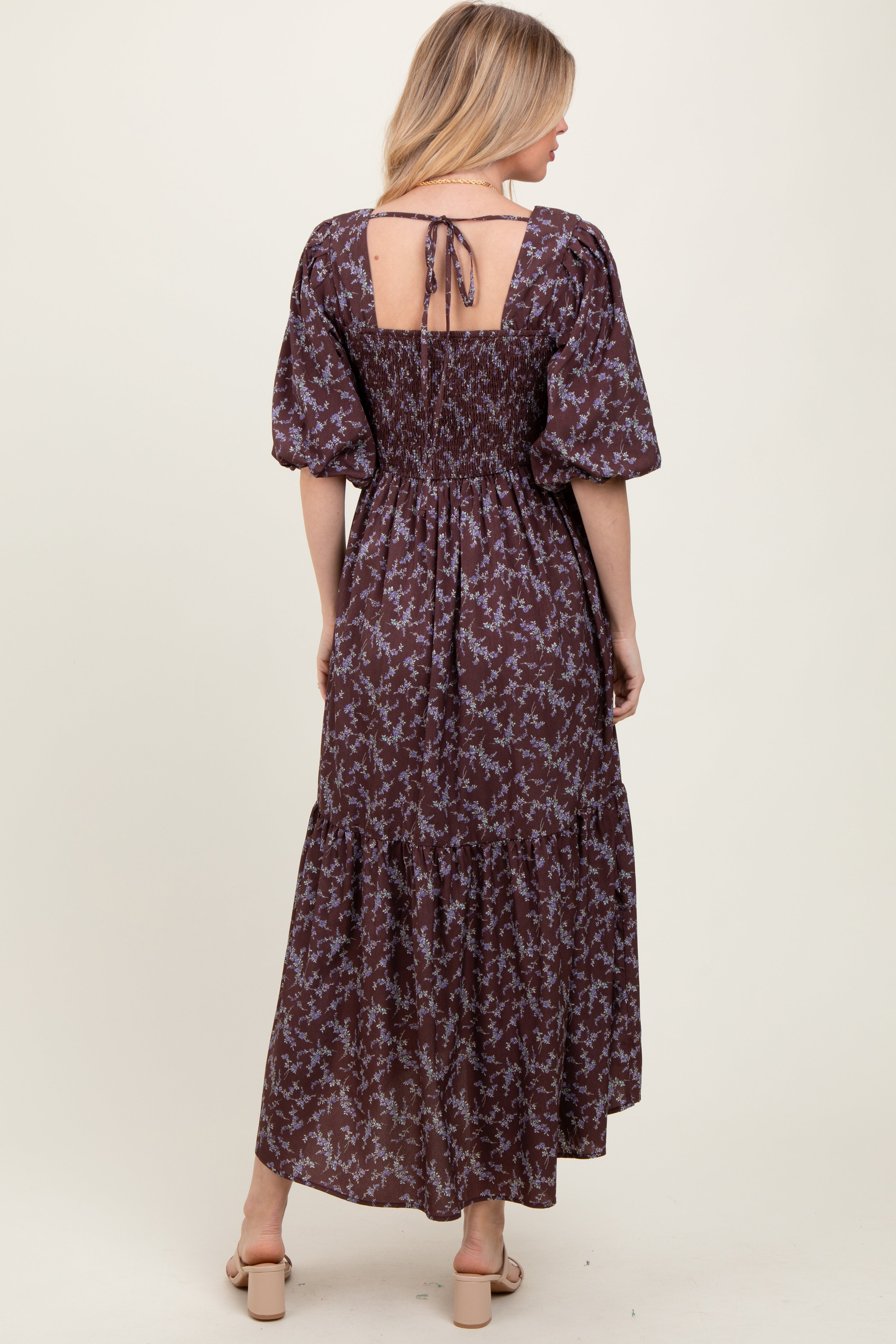 Plum Floral Smocked Hi Low Puff Sleeve Maxi Dress Square Neckline PinkBlush