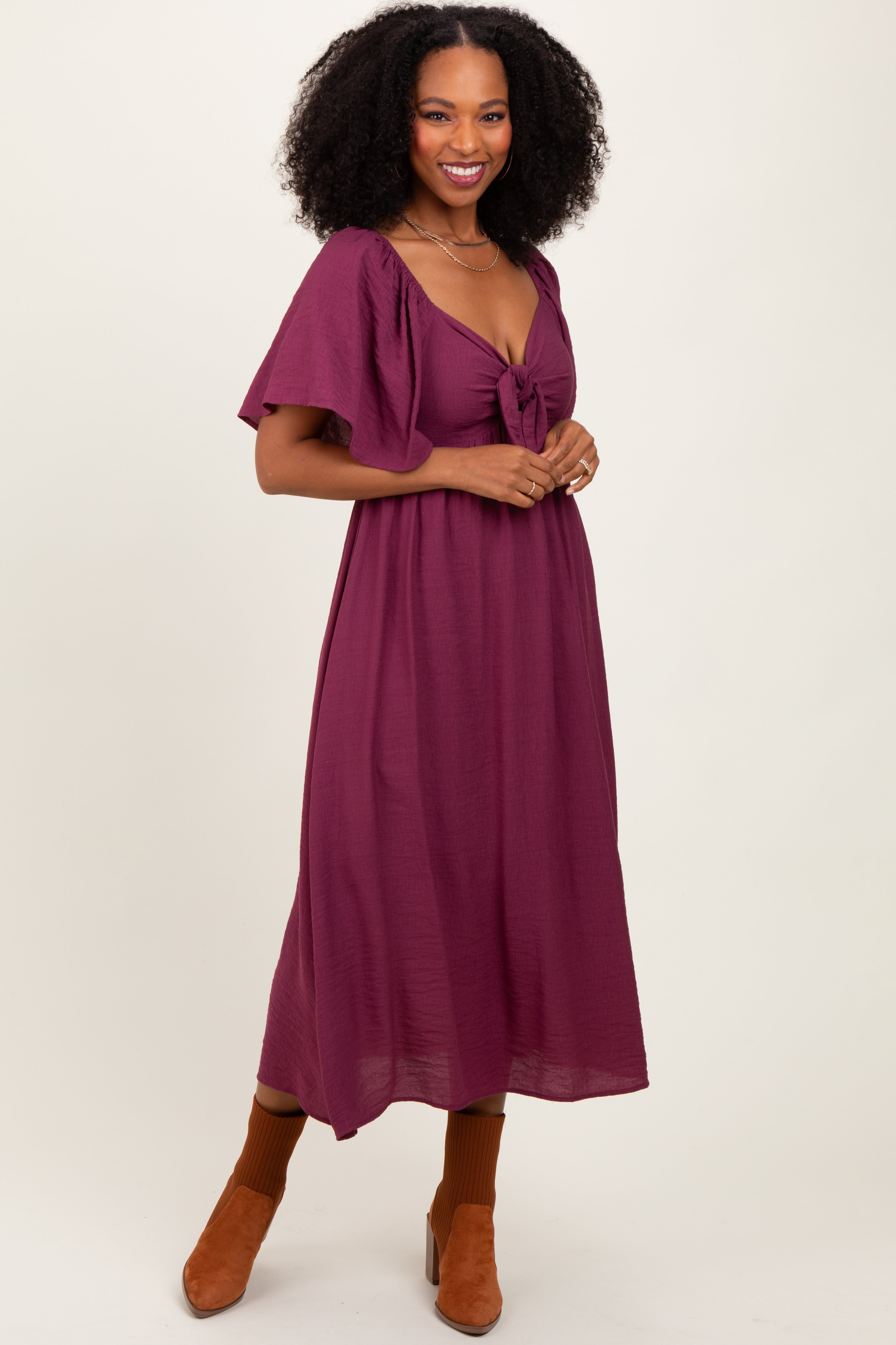 Plum Front Tie Ruffle Sleeve Midi Dress PinkBlush