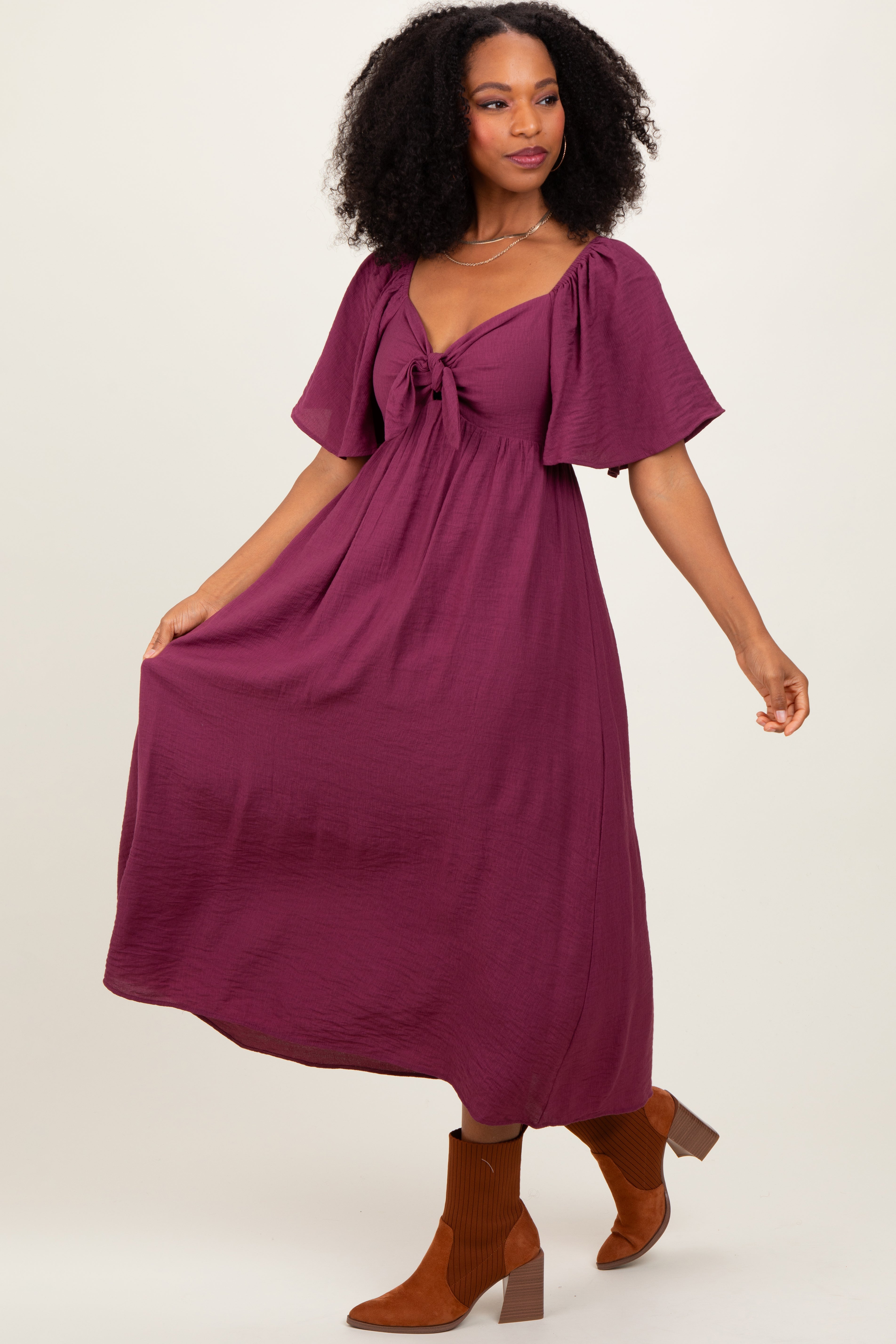 Plum Front Tie Ruffle Sleeve Midi Dress PinkBlush