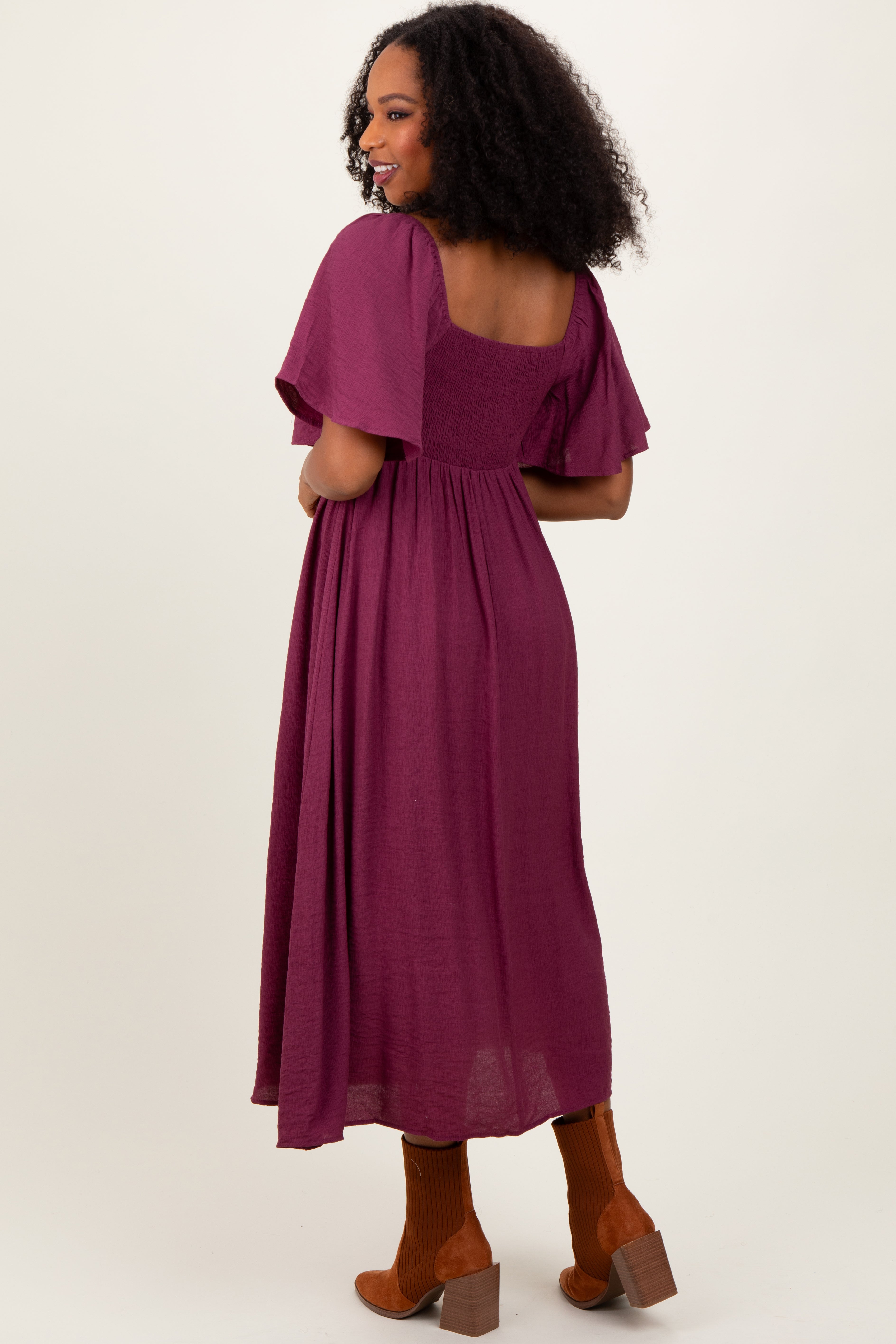 Plum Front Tie Ruffle Sleeve Midi Dress PinkBlush