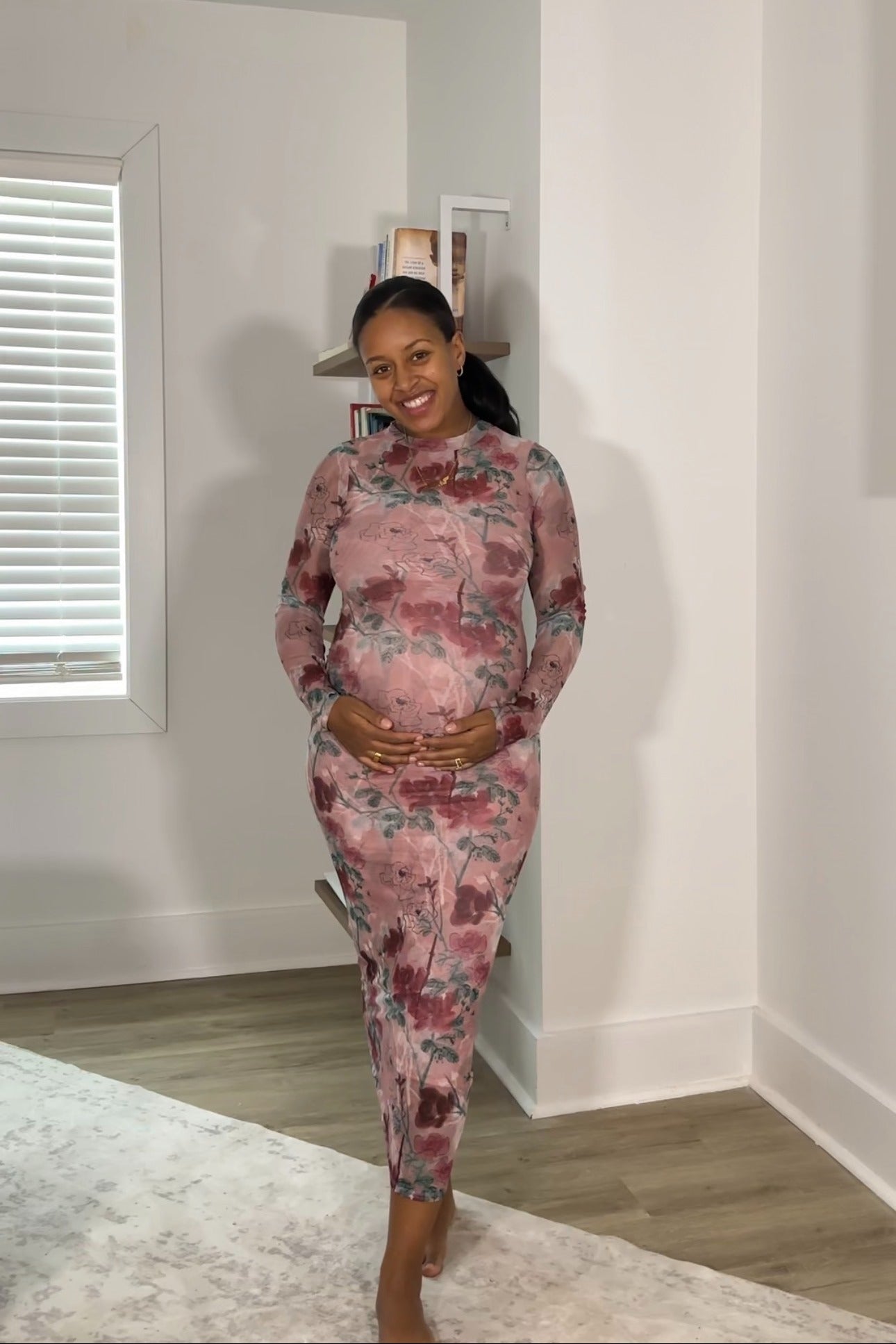 PinkBlush Mauve Floral Printed Mesh Overlay Maternity Maxi Dress, detail of the sleeve and hemline, showing the quality of th