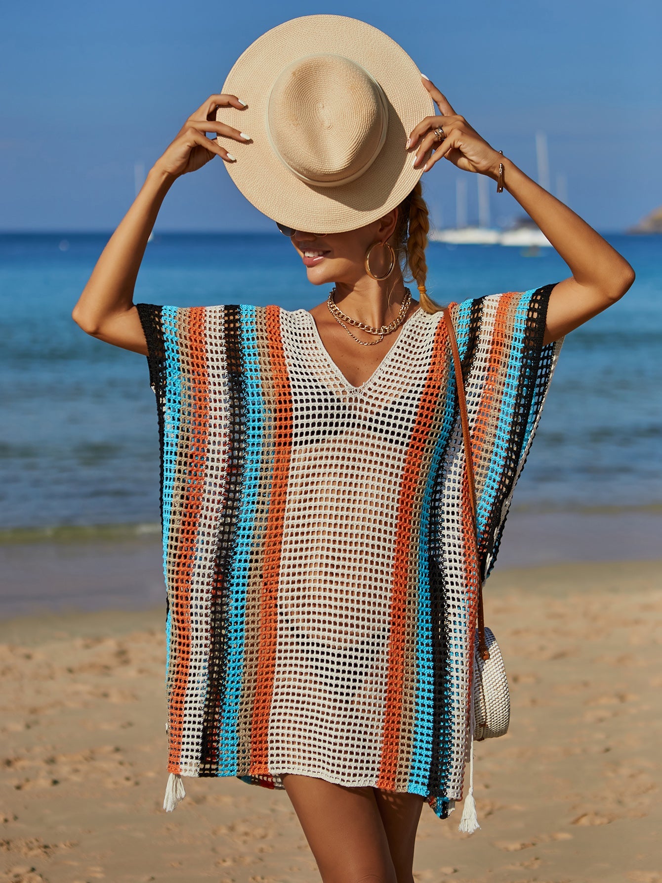 Summer Beach Cover up Cutout Knitted Tassel Holiday Bikini Cover Women