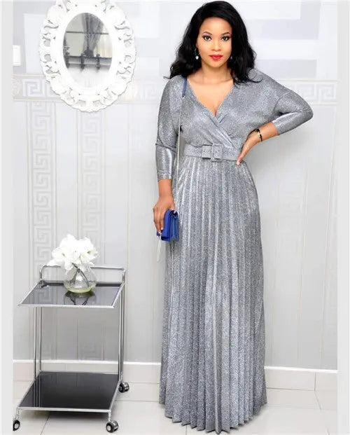 Winter African Women Wear Long Sleeve Bronzing Pleated Swing Dress with Belt Glittering Powder Fabric Bella Mia