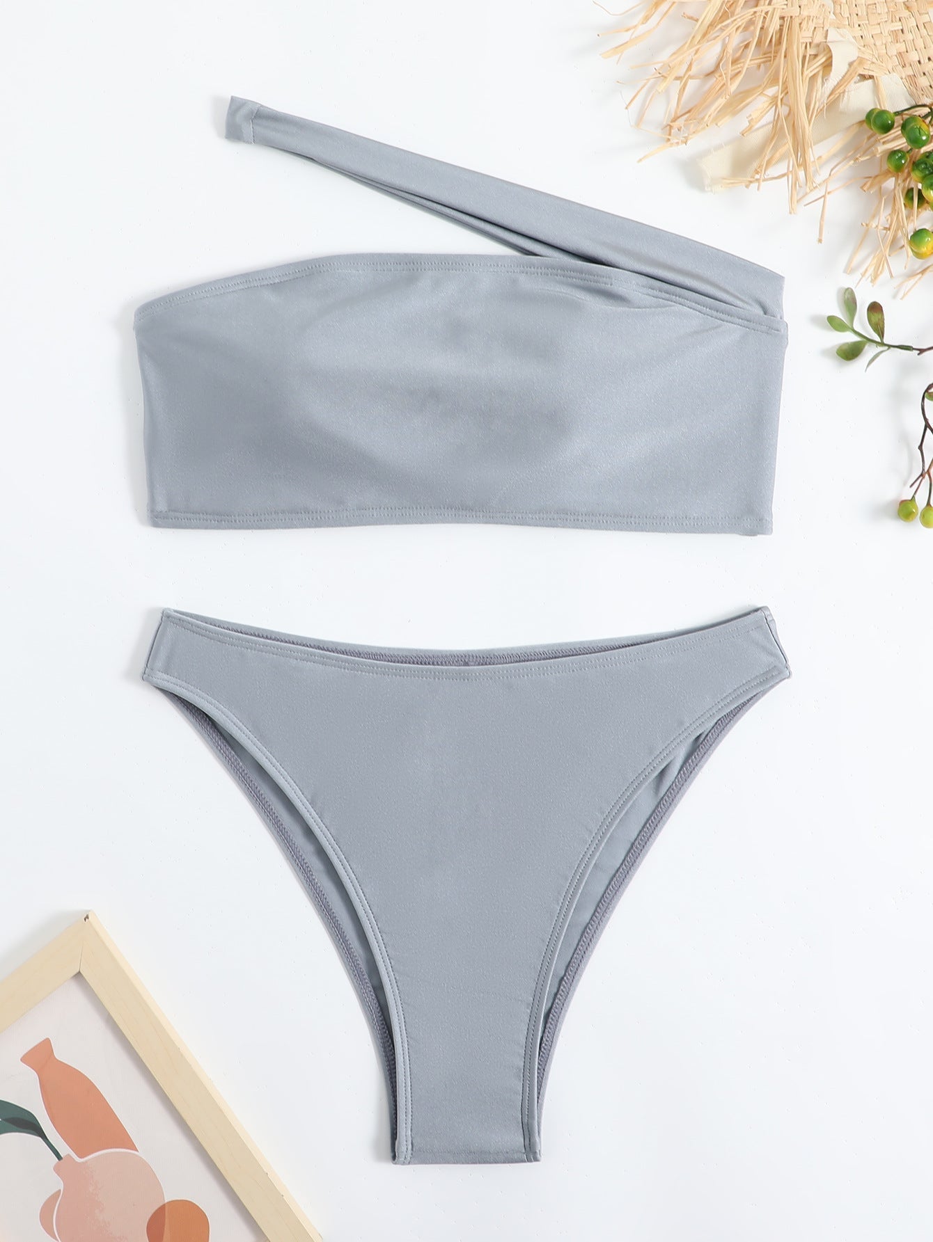 Swimsuit Women Bikini Solid Color Swimsuit Women Single Shoulder Sloping Shoulder Tube Top Bikini Bella Mia