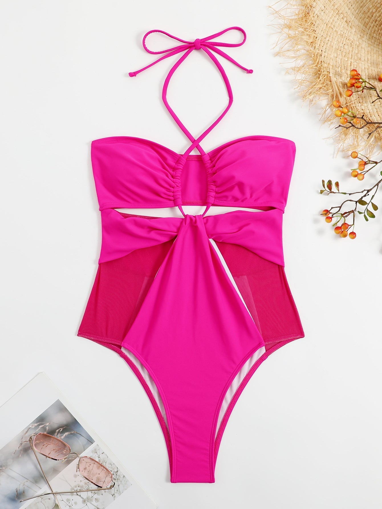 Solid Color One Piece Swimsuit Women Swimsuit Mesh Stitching Rose Red Hollow Out Cutout Siamese Bikini Bella Mia