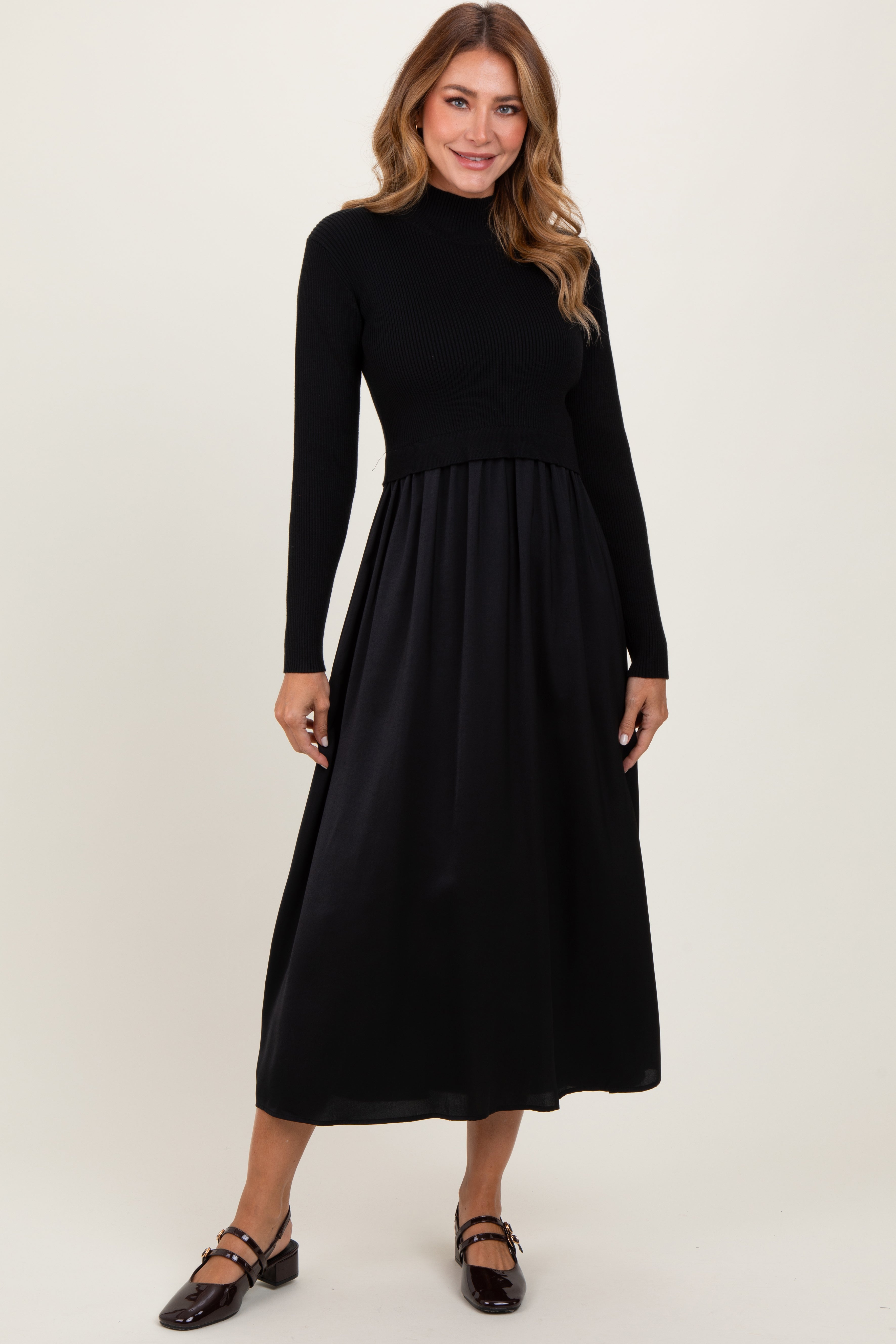 PinkBlush Black Knit Contrast Top Satin Midi Dress - Main Product Image
