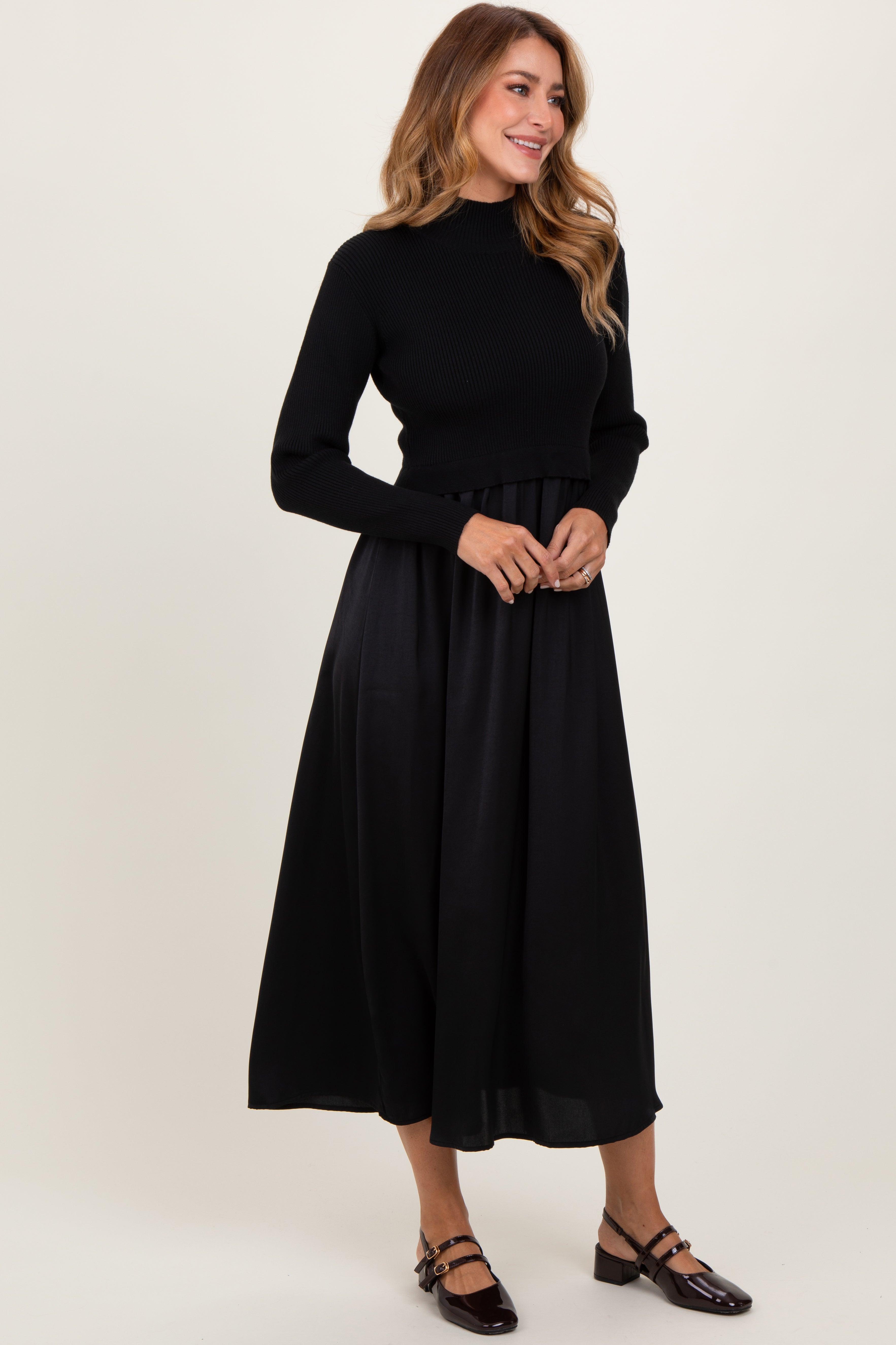 PinkBlush Black Knit Contrast Top Satin Midi Dress - Detail View