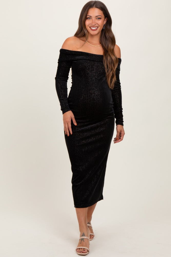 Black Shiny Velour Off Shoulder Maternity Midi Dress PinkBlush