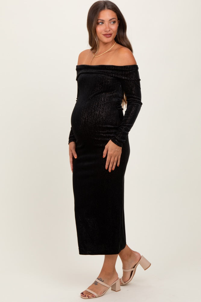 Black Shiny Velour Off Shoulder Maternity Midi Dress PinkBlush