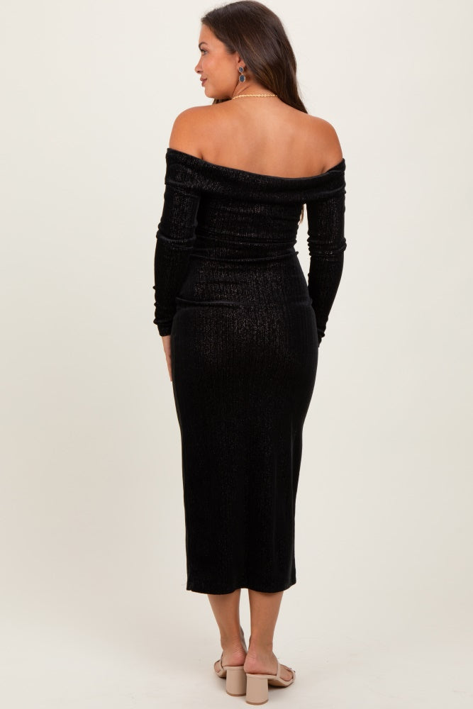 Black Shiny Velour Off Shoulder Maternity Midi Dress PinkBlush