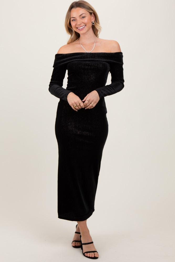 Black Shiny Velour Off Shoulder Maternity Midi Dress PinkBlush