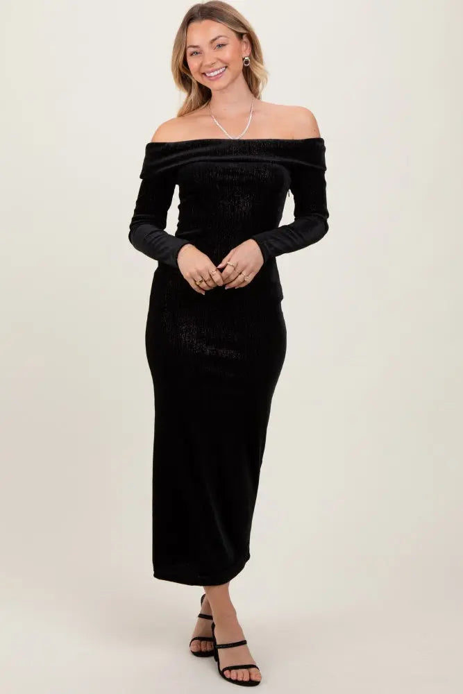 Black Shiny Velour Off Shoulder Midi Dress For Evening Wear PinkBlush
