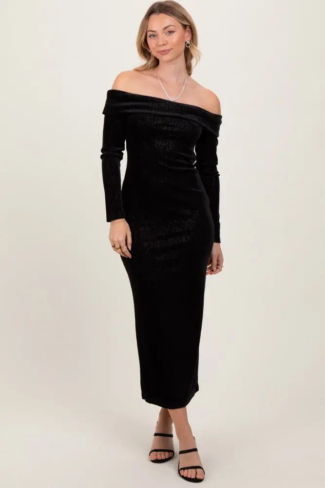 Black Shiny Velour Off Shoulder Midi Dress For Evening Wear PinkBlush