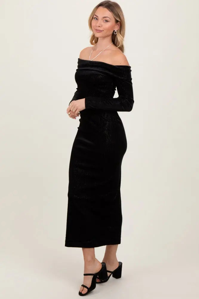 Black Shiny Velour Off Shoulder Midi Dress For Evening Wear PinkBlush