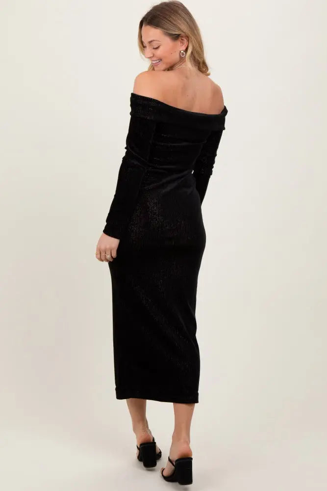 Black Shiny Velour Off Shoulder Midi Dress For Evening Wear PinkBlush