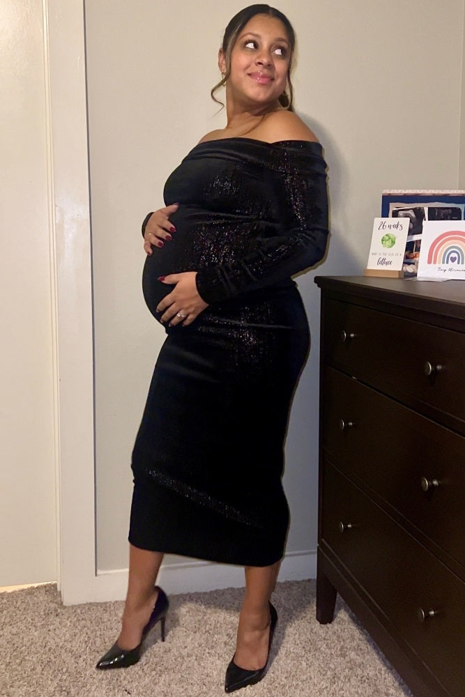 Black Shiny Velour Off Shoulder Maternity Midi Dress PinkBlush