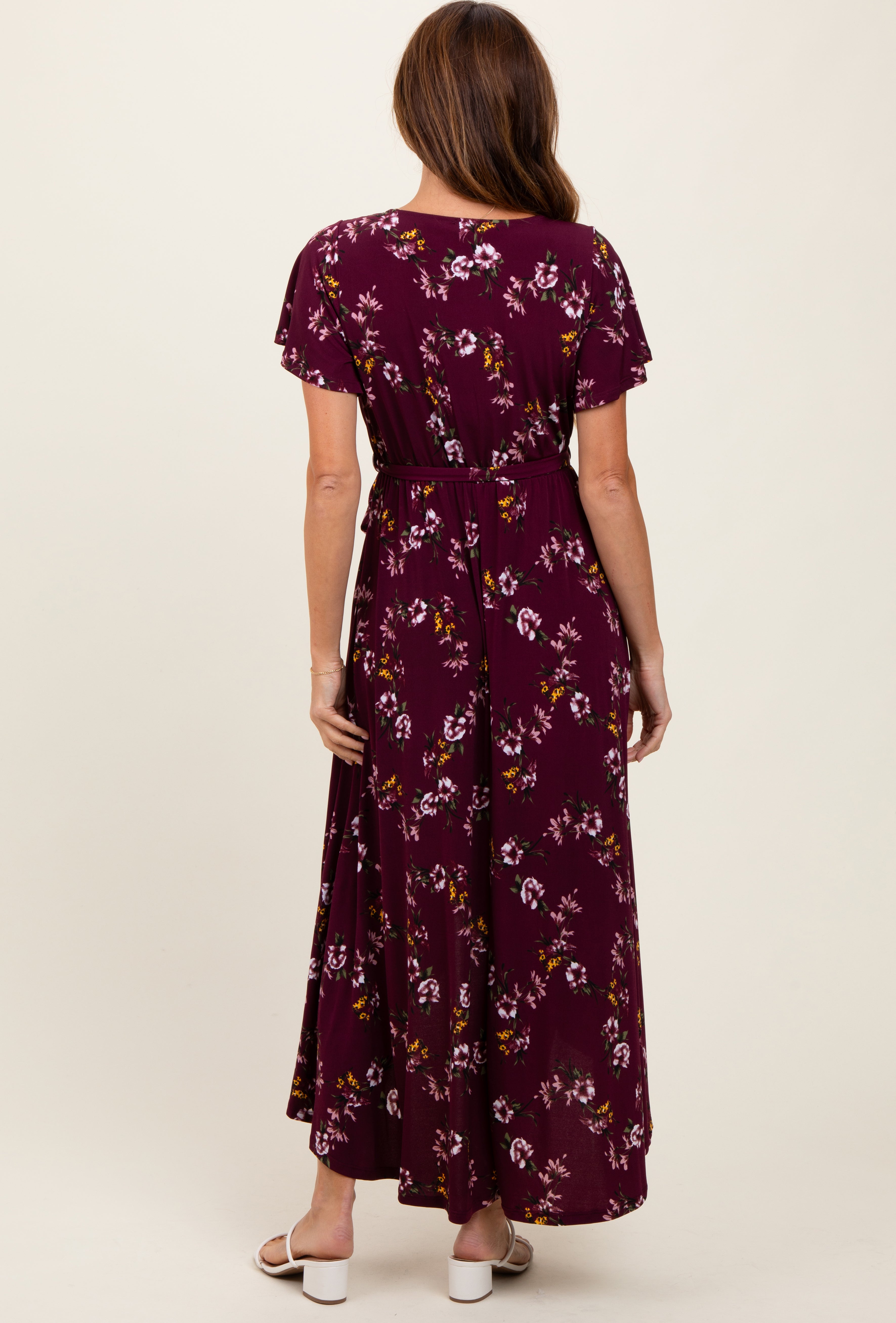 Burgundy Floral Short Sleeve Wrap Hi-Low Maxi Dress PinkBlush