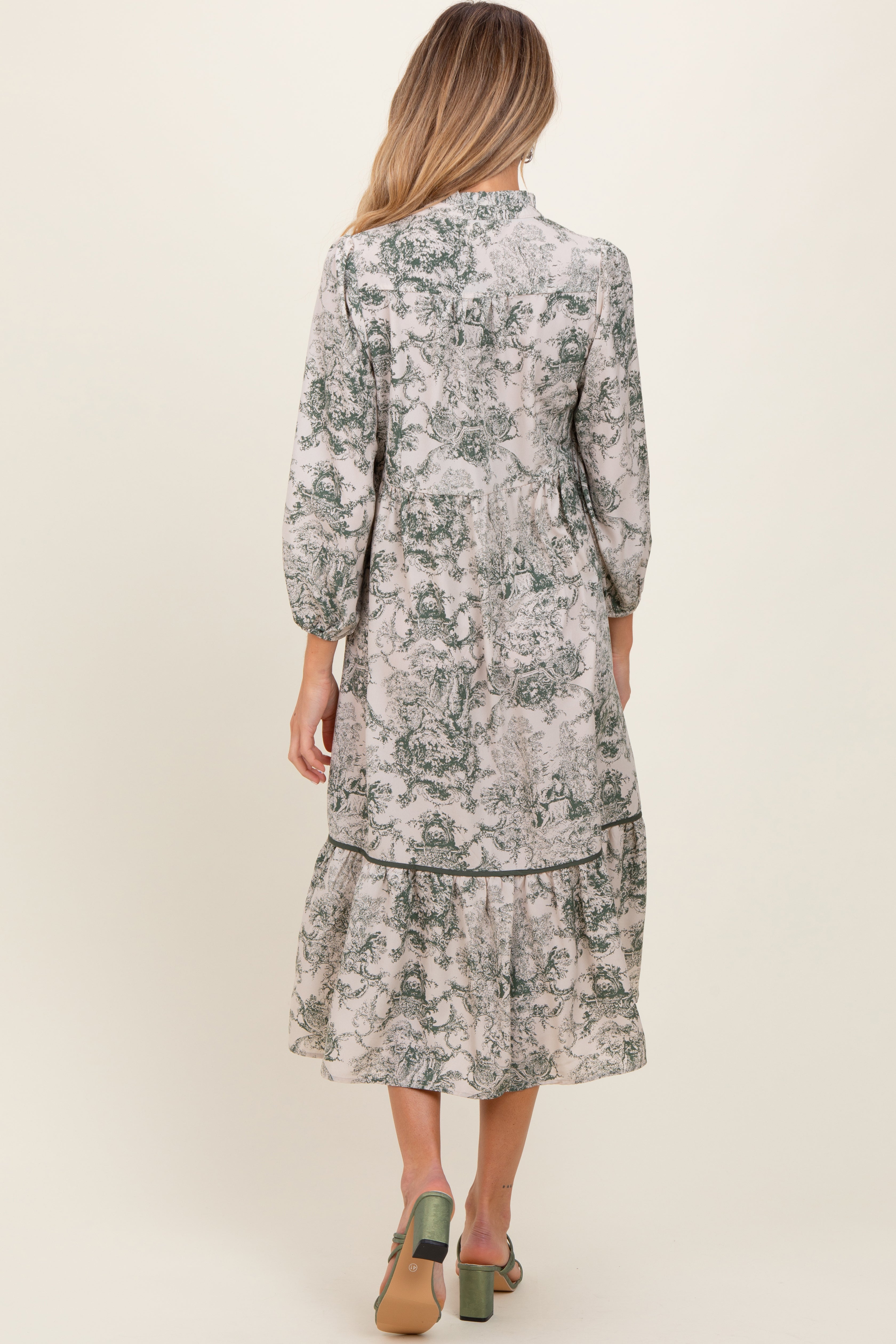 Forest Green Printed Split Ruffle Collar Maternity Midi Dress PinkBlush