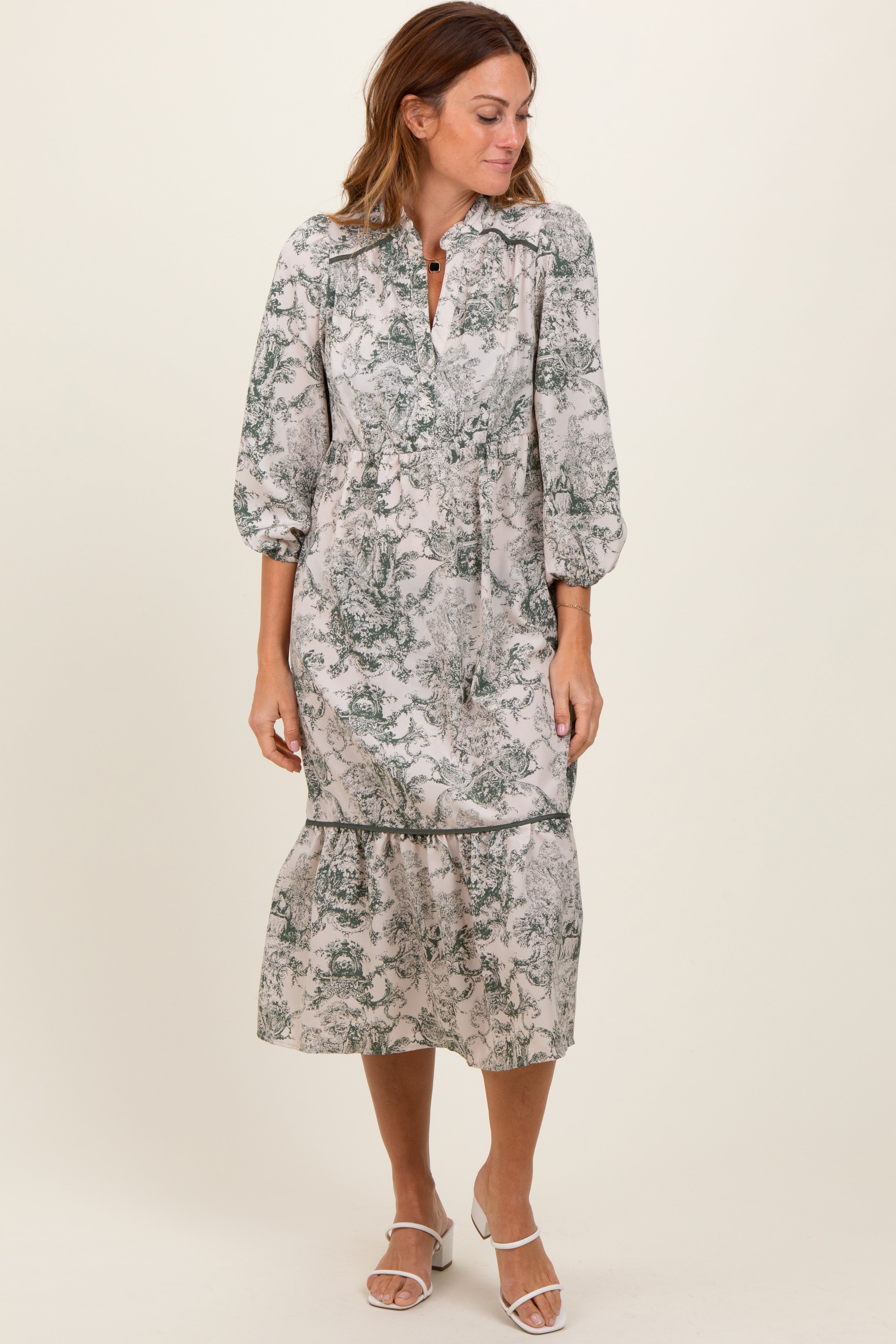 Forest Green Printed Split Ruffle Collar Maternity Midi Dress PinkBlush