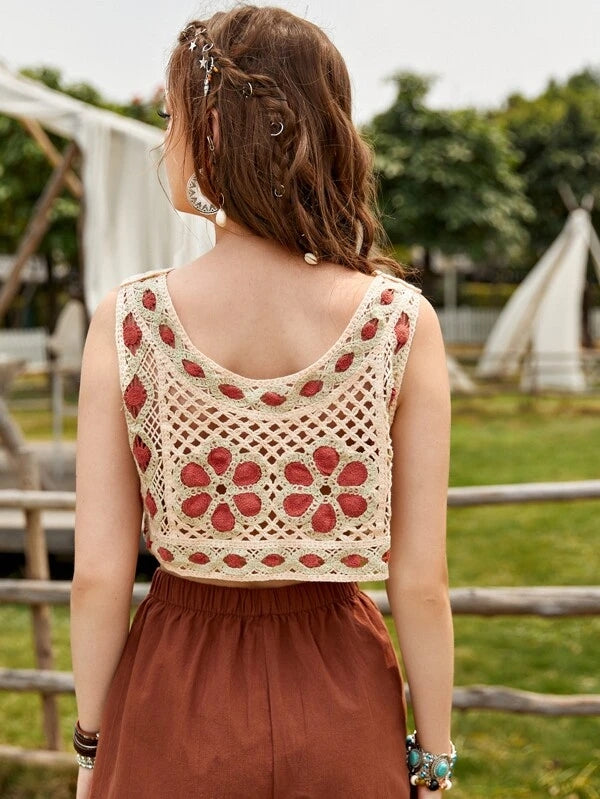 Women Summer Vacation Sleeveless Floral Crochet Crop Top Crochet hook Bella Mia