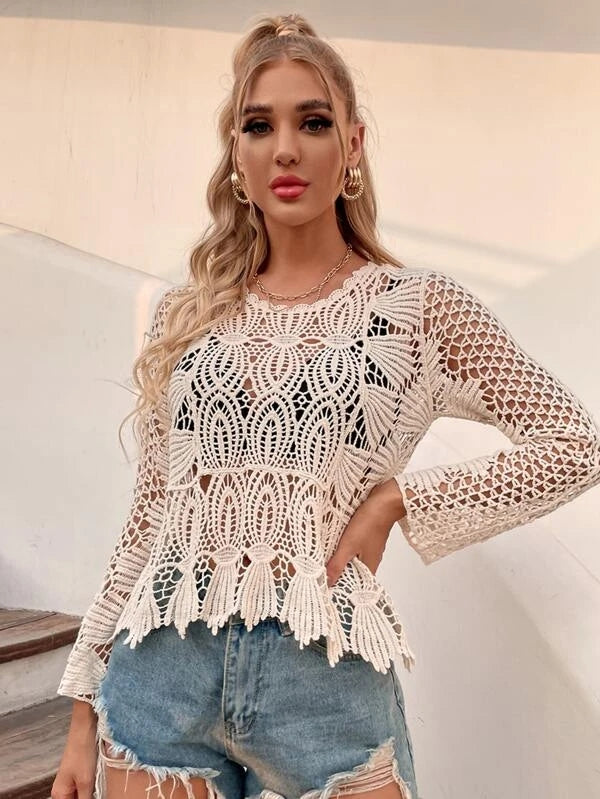 Women Summer Vacation long sleeve Floral Crochet Top Crochet hook Bella Mia