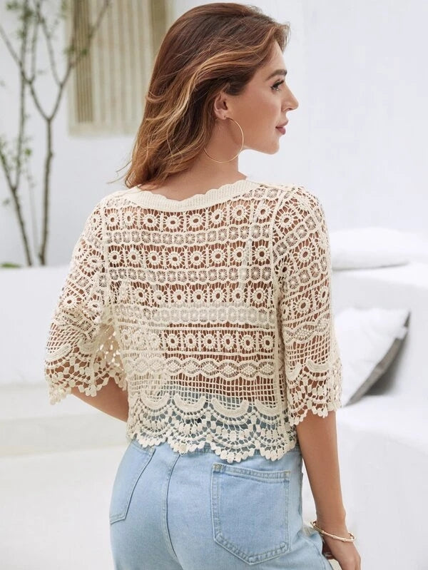 Women Summer Vacation Short Sleeve Solid Crochet Top Crochet hook Bella Mia
