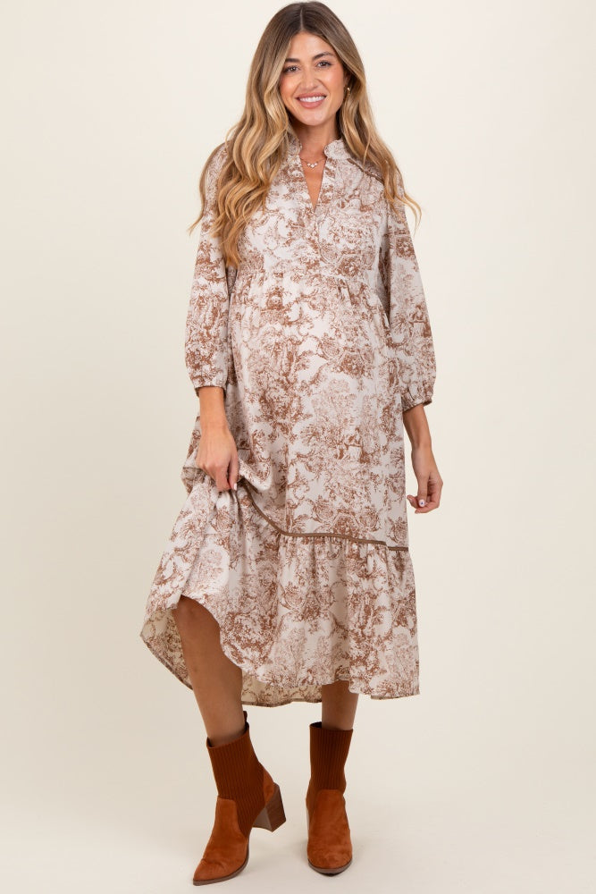 Brown Printed Split Ruffle Collar Maternity Midi Dress PinkBlush