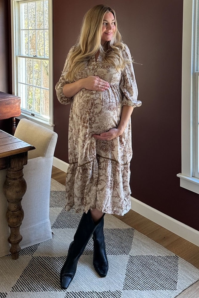 Brown Printed Split Ruffle Collar Maternity Midi Dress PinkBlush