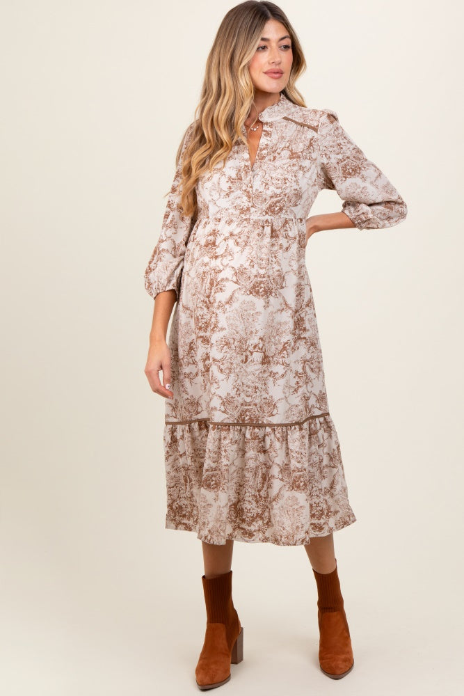 Brown Printed Split Ruffle Collar Maternity Midi Dress PinkBlush
