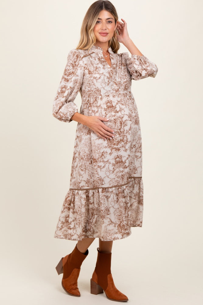 Brown Printed Split Ruffle Collar Maternity Midi Dress PinkBlush