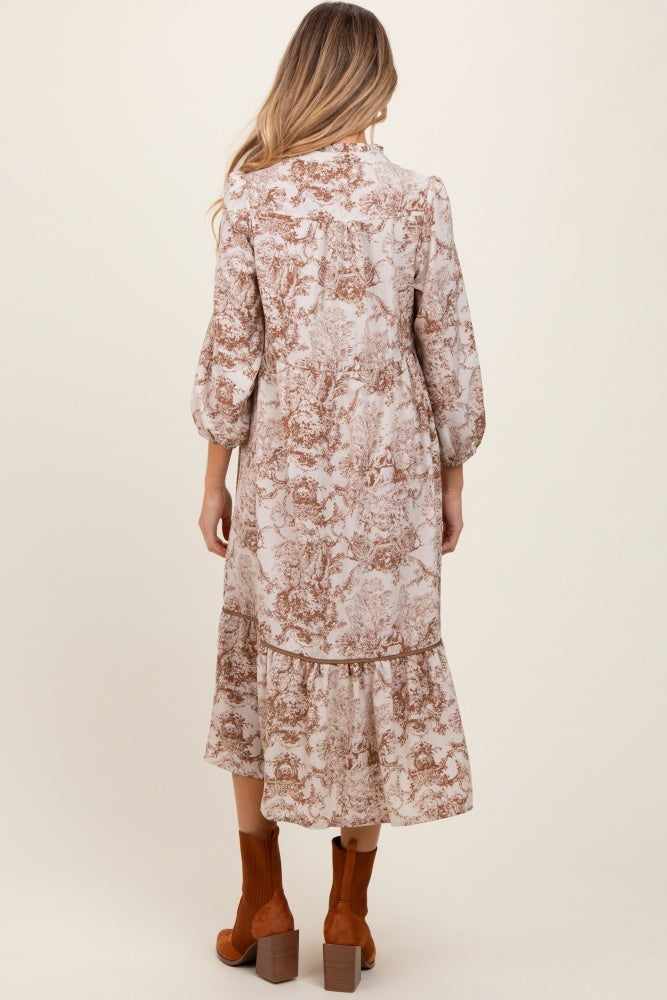 Brown Printed Split Ruffle Collar Maternity Midi Dress PinkBlush