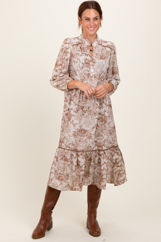 Brown Printed Split Ruffle Collar Maternity Midi Dress PinkBlush