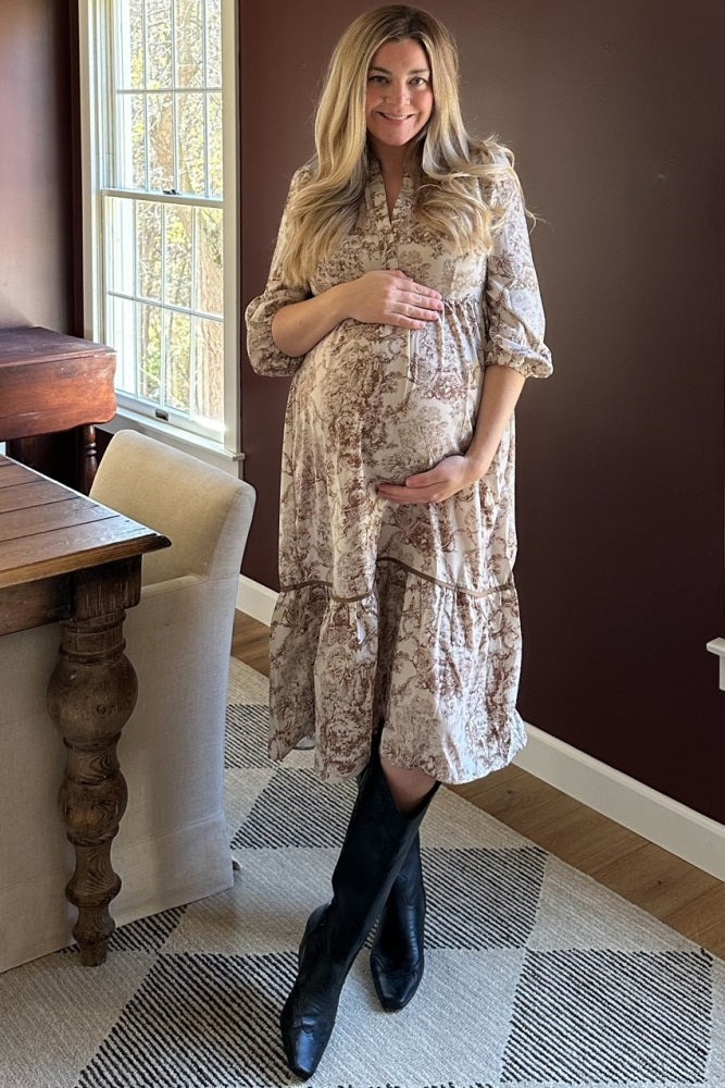 Brown Printed Split Ruffle Collar Maternity Midi Dress PinkBlush