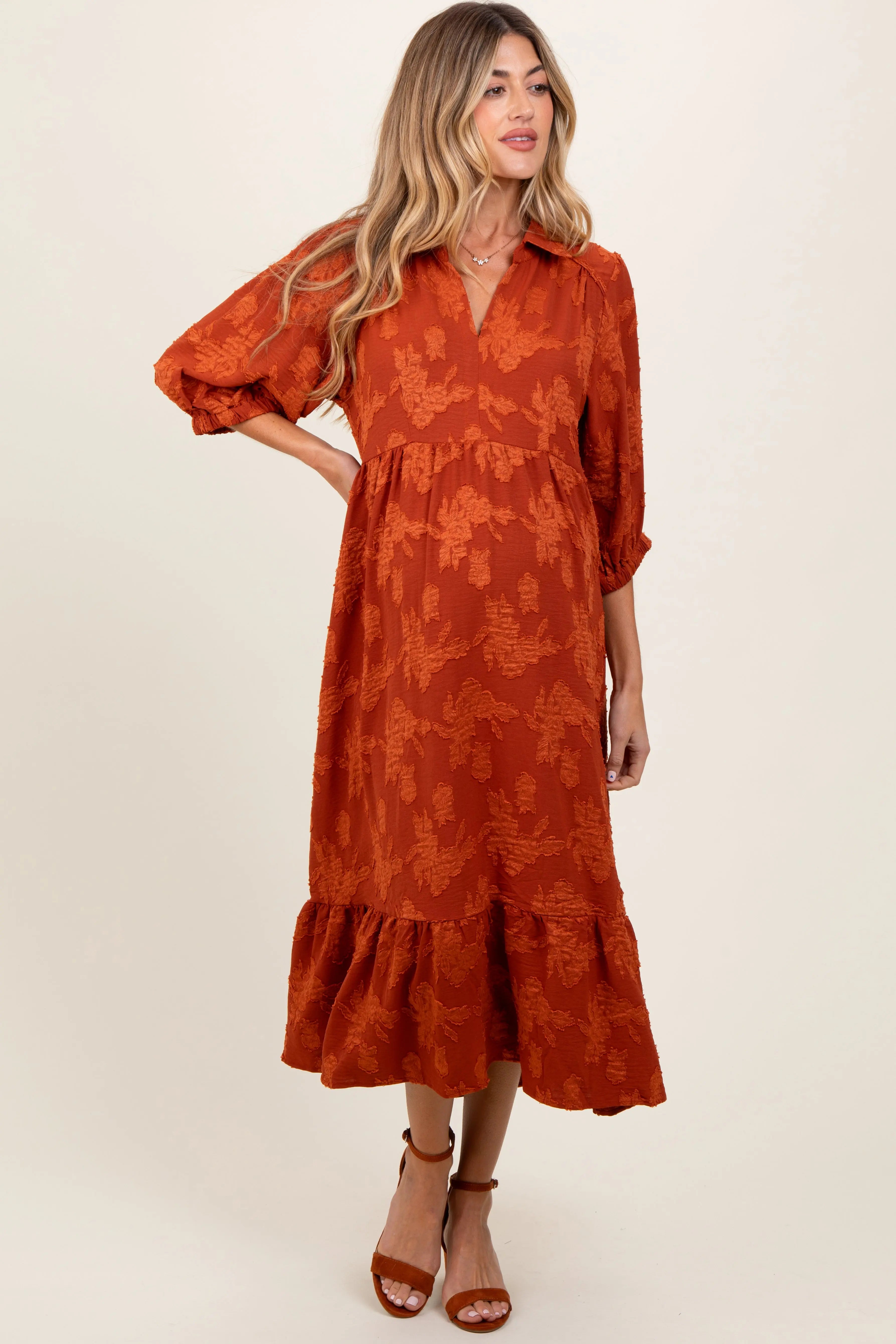 Dark Orange Floral Applique Collared Maternity Midi Dress PinkBlush