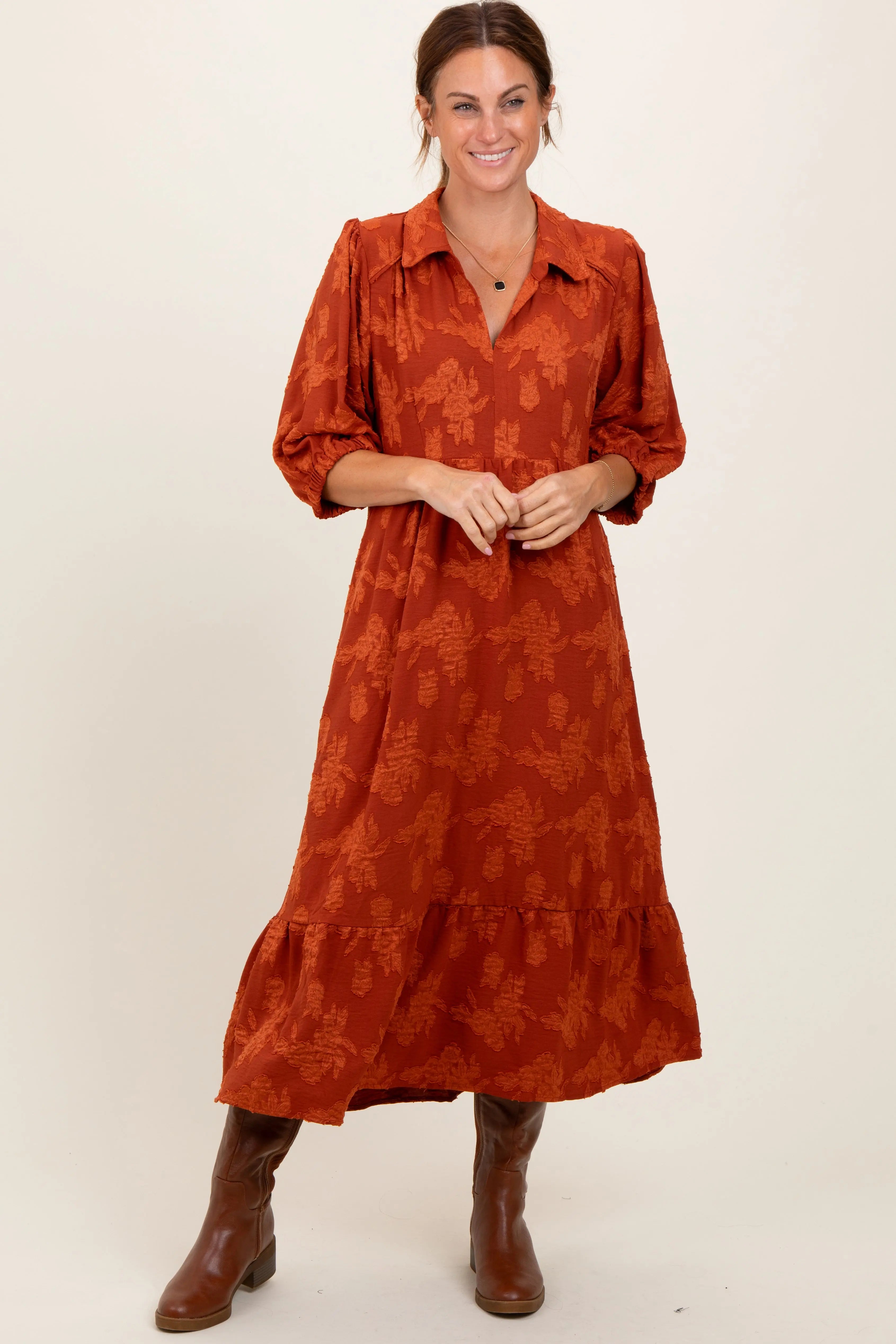Dark Orange Floral Applique Collared Maternity Midi Dress PinkBlush