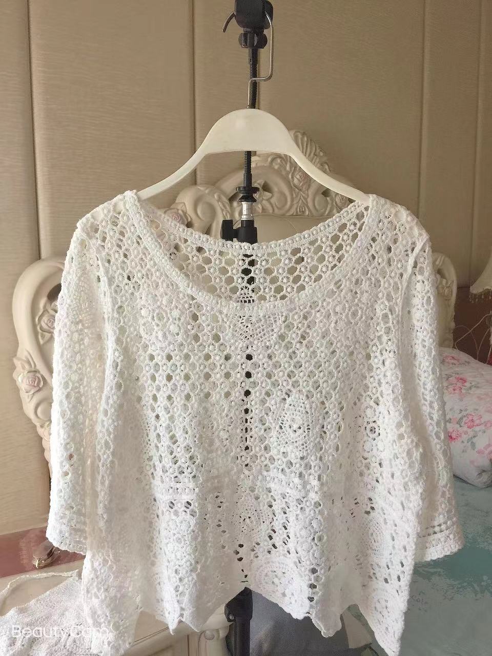 Women Summer Vacation Short Sleeve Solid Regular Crochet Top Crochet hook Bella Mia