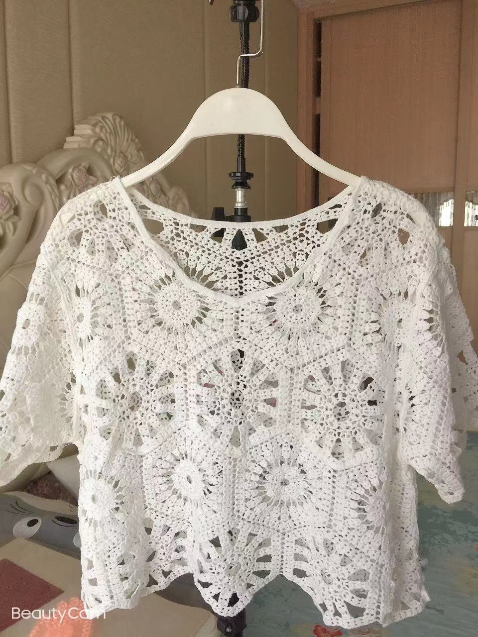 Women Summer Vacation Short Sleeve Regular Crochet Top Crochet hook Bella Mia