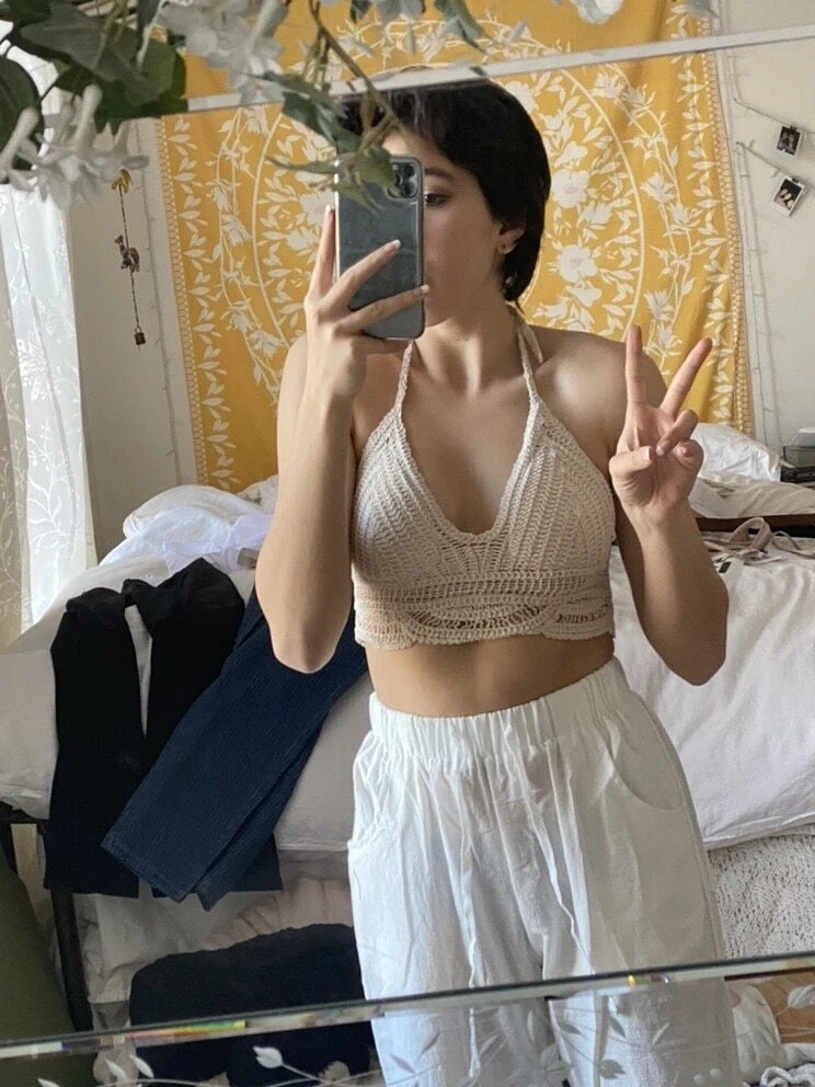 Women Summer Vacation Sleeveless Solid Slim Tie Crochet Top Crochet hook Bella Mia