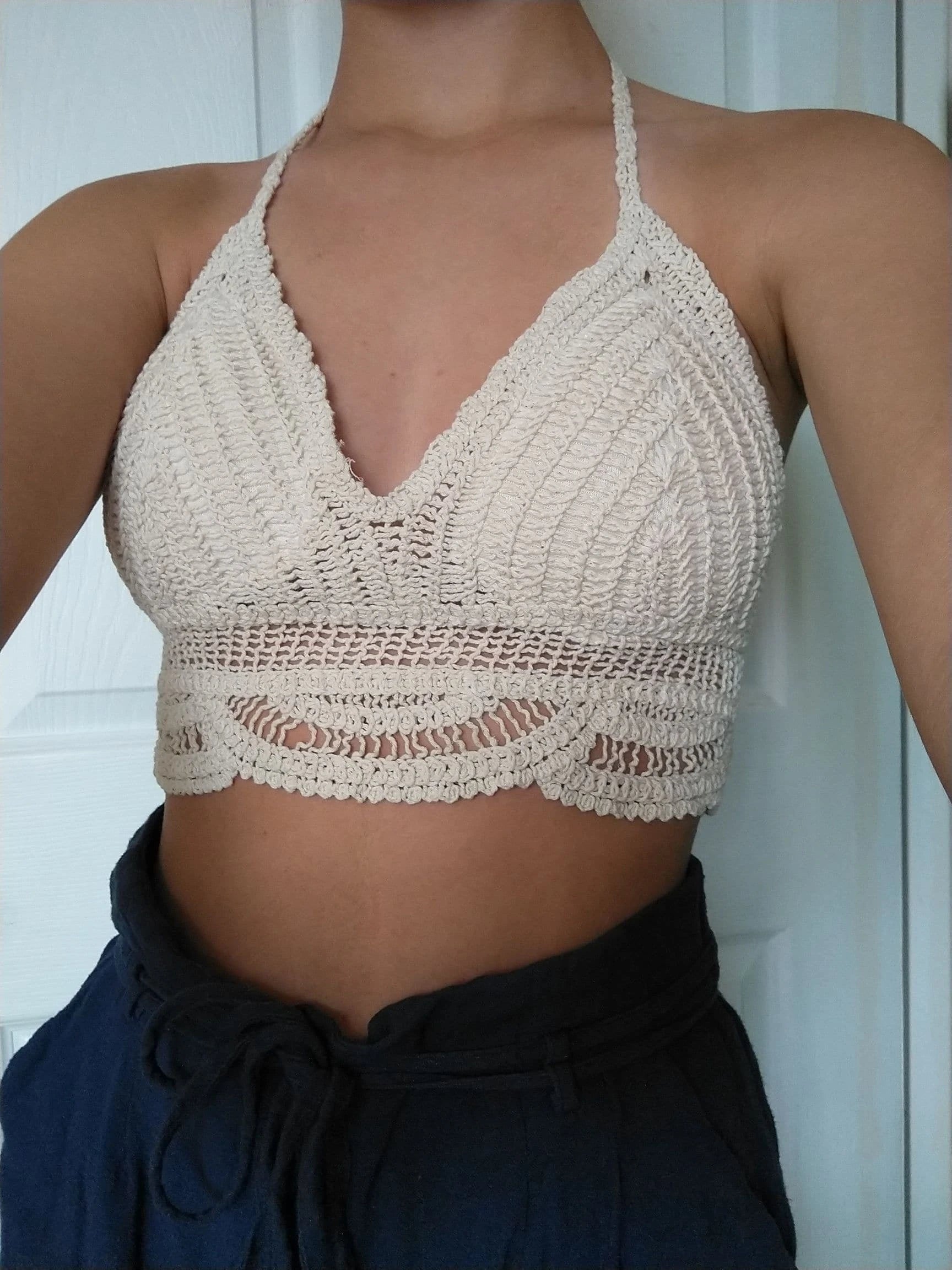 Women Summer Vacation Sleeveless Solid Slim Tie Crochet Top Crochet hook Bella Mia